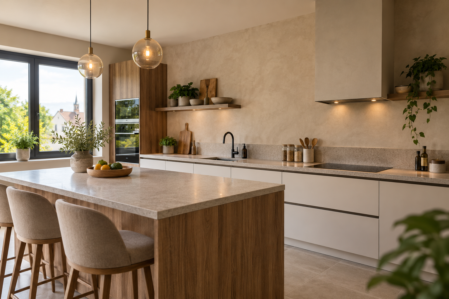 Cuisine moderne à Rixheim avec murs rénovés et finition d’enduit contemporaine