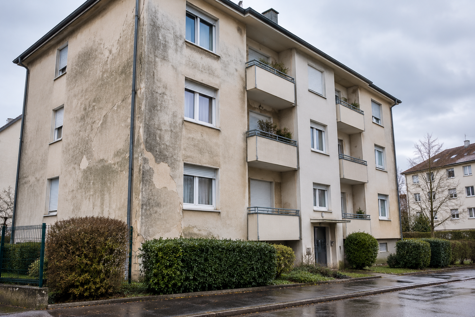 Façade de copropriété dégradée préparée avant application d’un enduit à Kingersheim