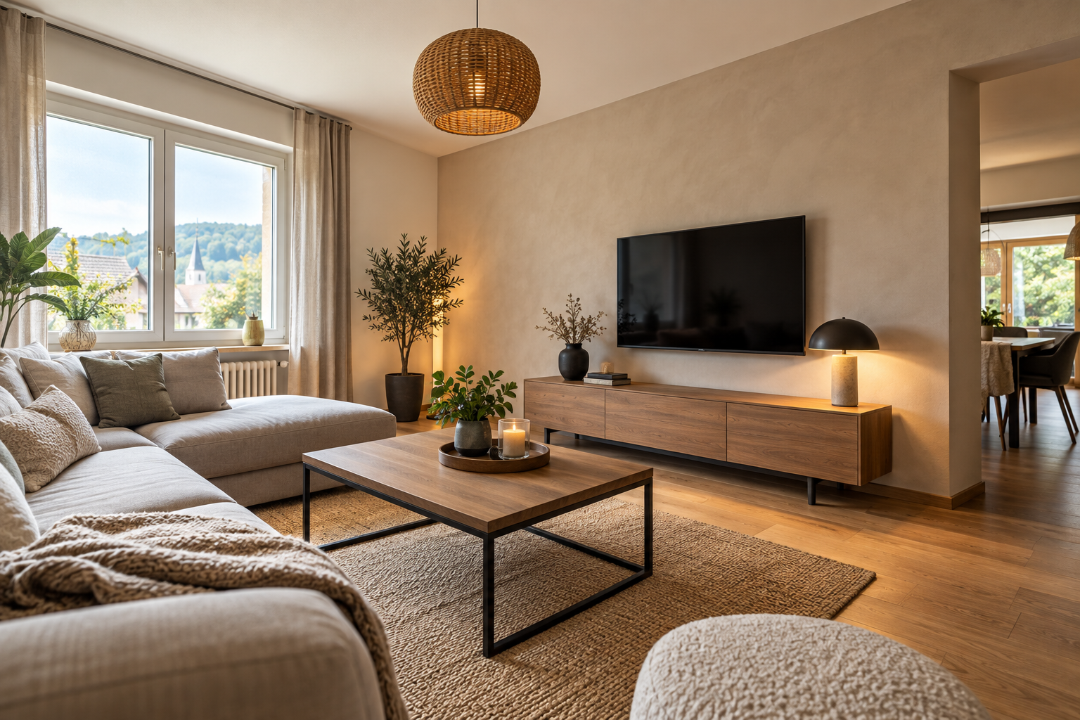Salon alsacien rénové avec murs enduits et lumière naturelle à Riedisheim