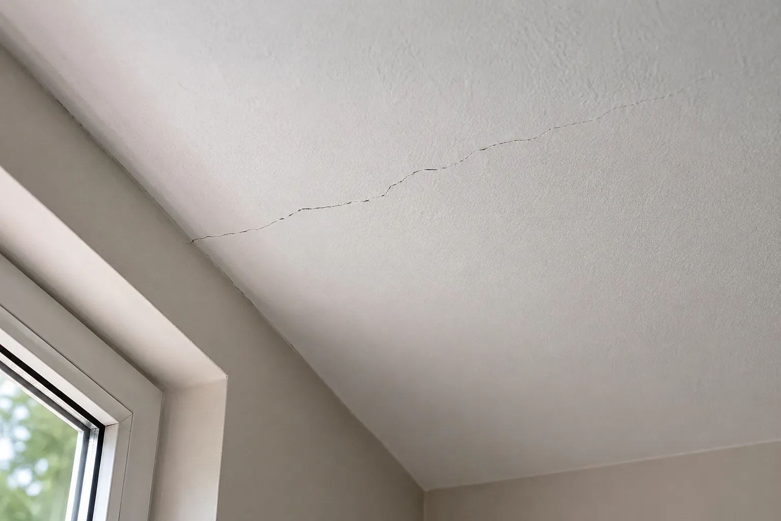 Fissure fine au plafond près d’un mur dans une maison alsacienne
