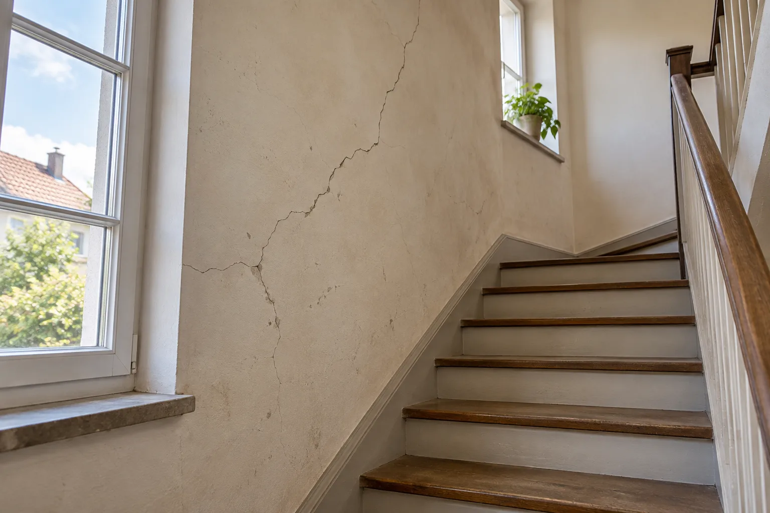 Cage d’escalier résidentielle avec murs fissurés avant rénovation et peinture