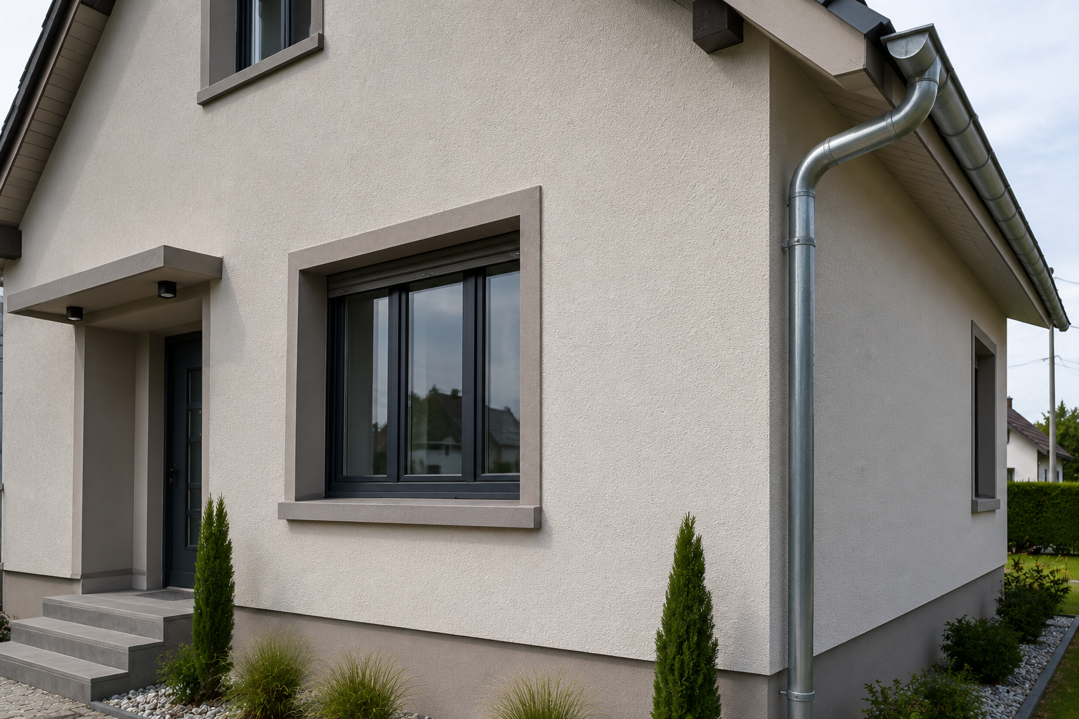 Artisan sur échafaudage rénovant la façade d'un bâtiment