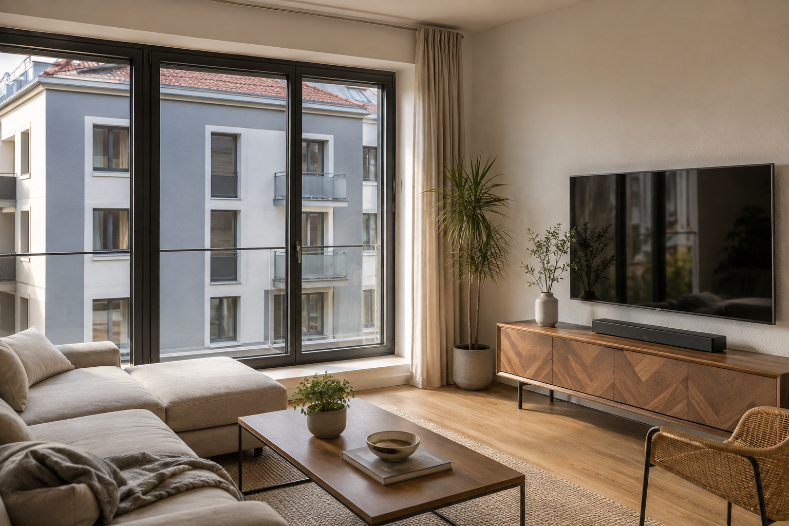 Salon lumineux donnant sur une façade rénovée et isolée à Mulhouse