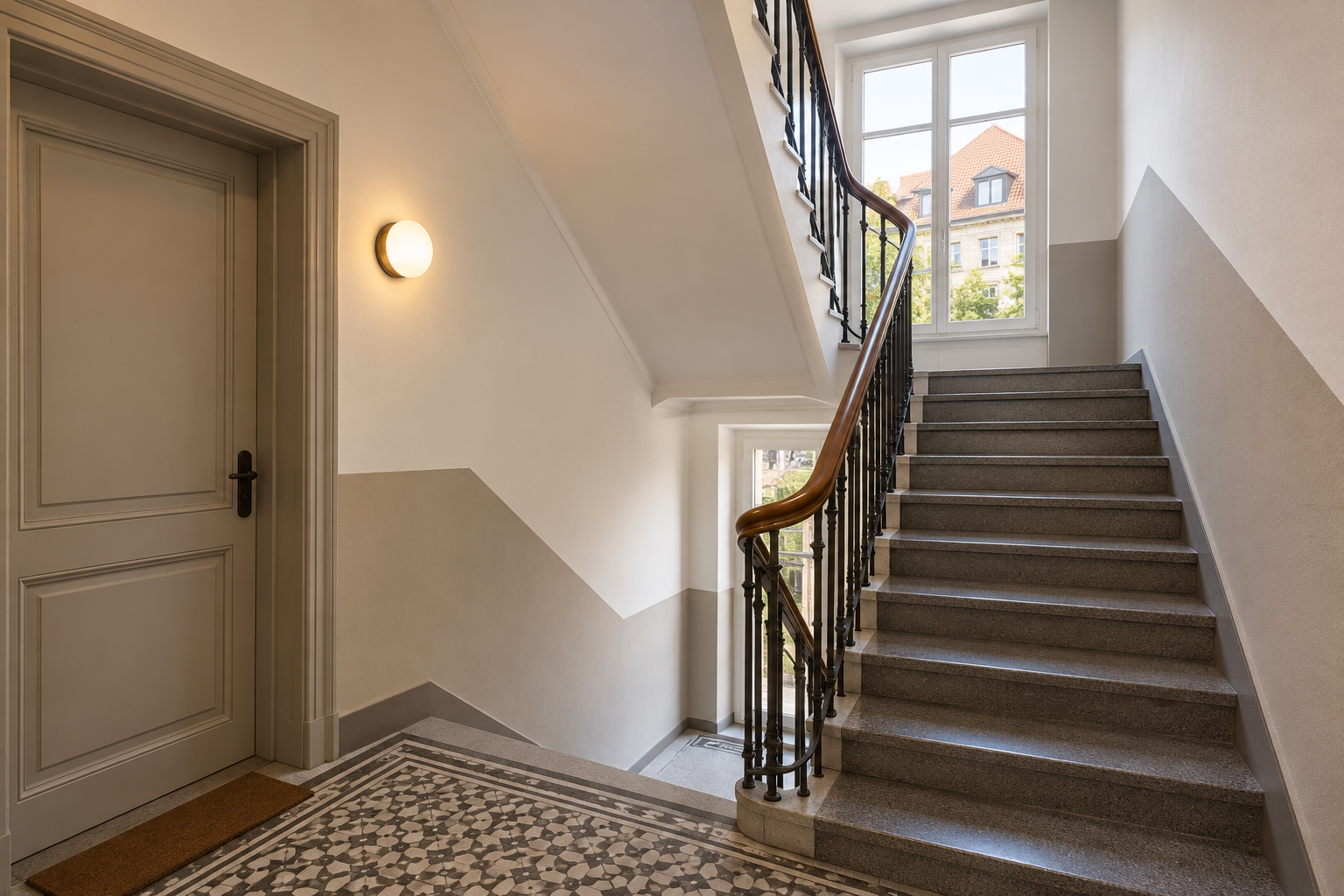 Cage d’escalier de copropriété à Mulhouse rénovée avec murs lumineux