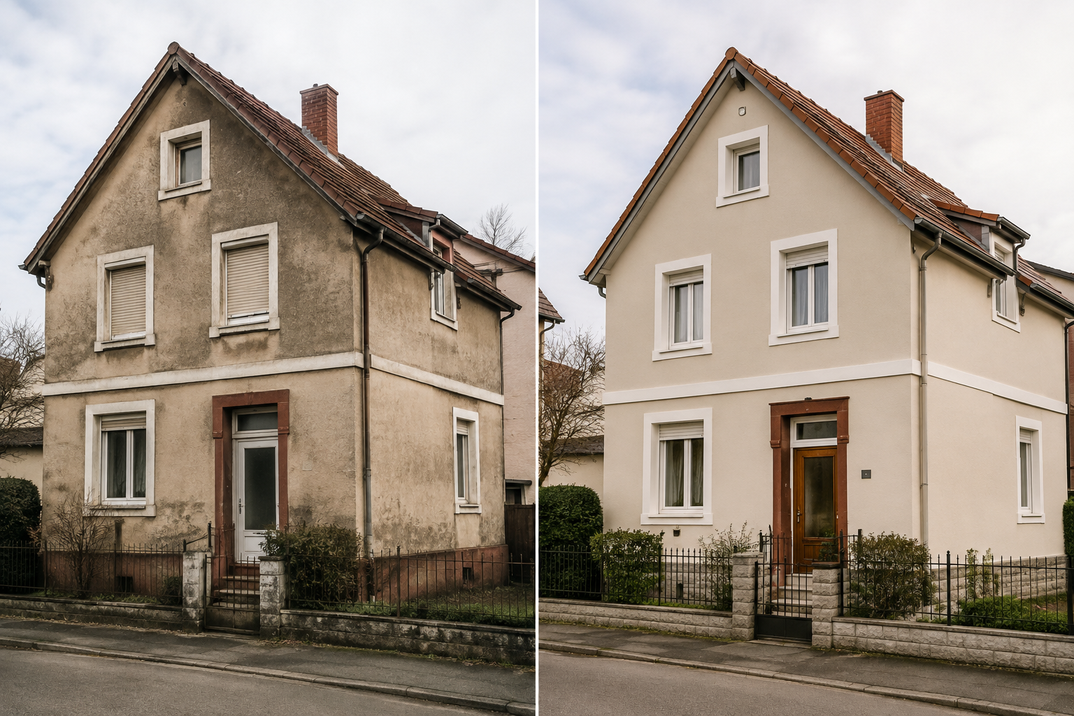 Façade alsacienne avant après peinture extérieure aux finitions soignées
