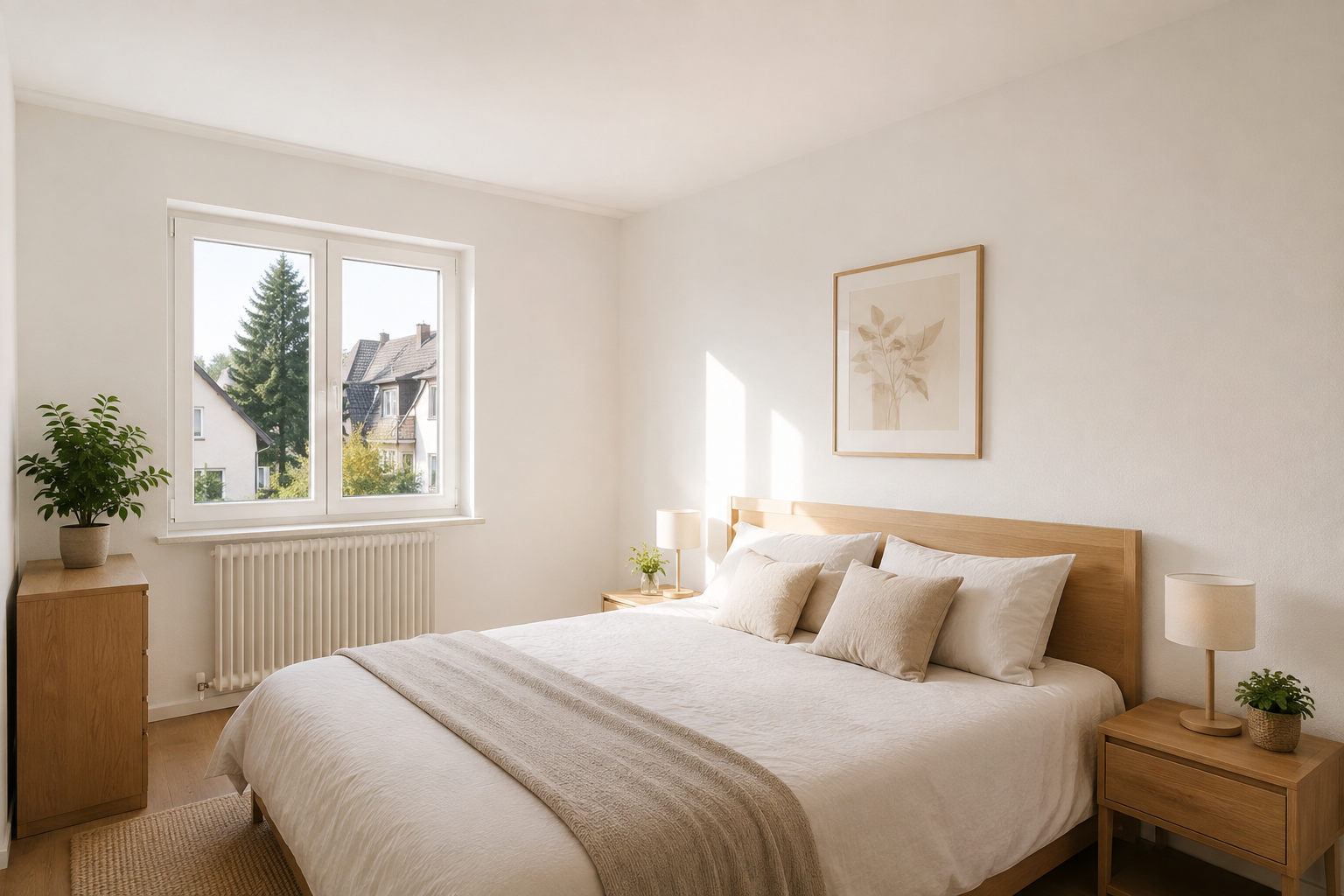 Chambre lumineuse fraîchement repeinte avec murs propres et finition soignée