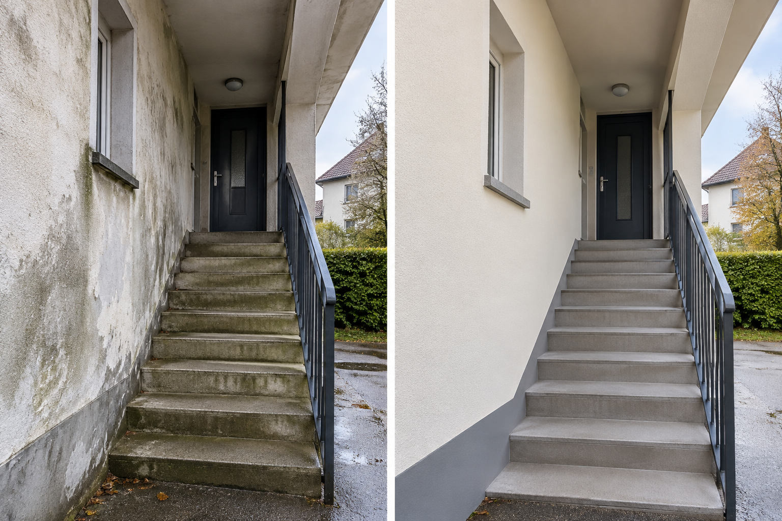 Cage d’escalier extérieure rénovée avec murs propres et finition homogène à Riedisheim