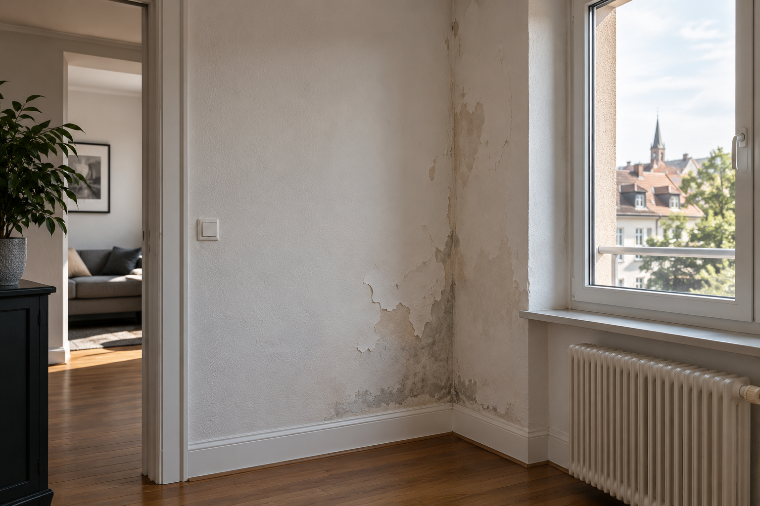 Mur intérieur de copropriété à Riedisheim présentant des dégradations de peinture