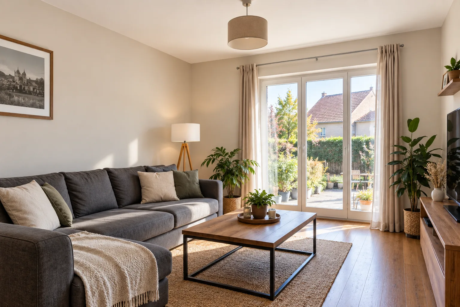 Salon résidentiel rénové avec murs fraîchement peints à Sausheim