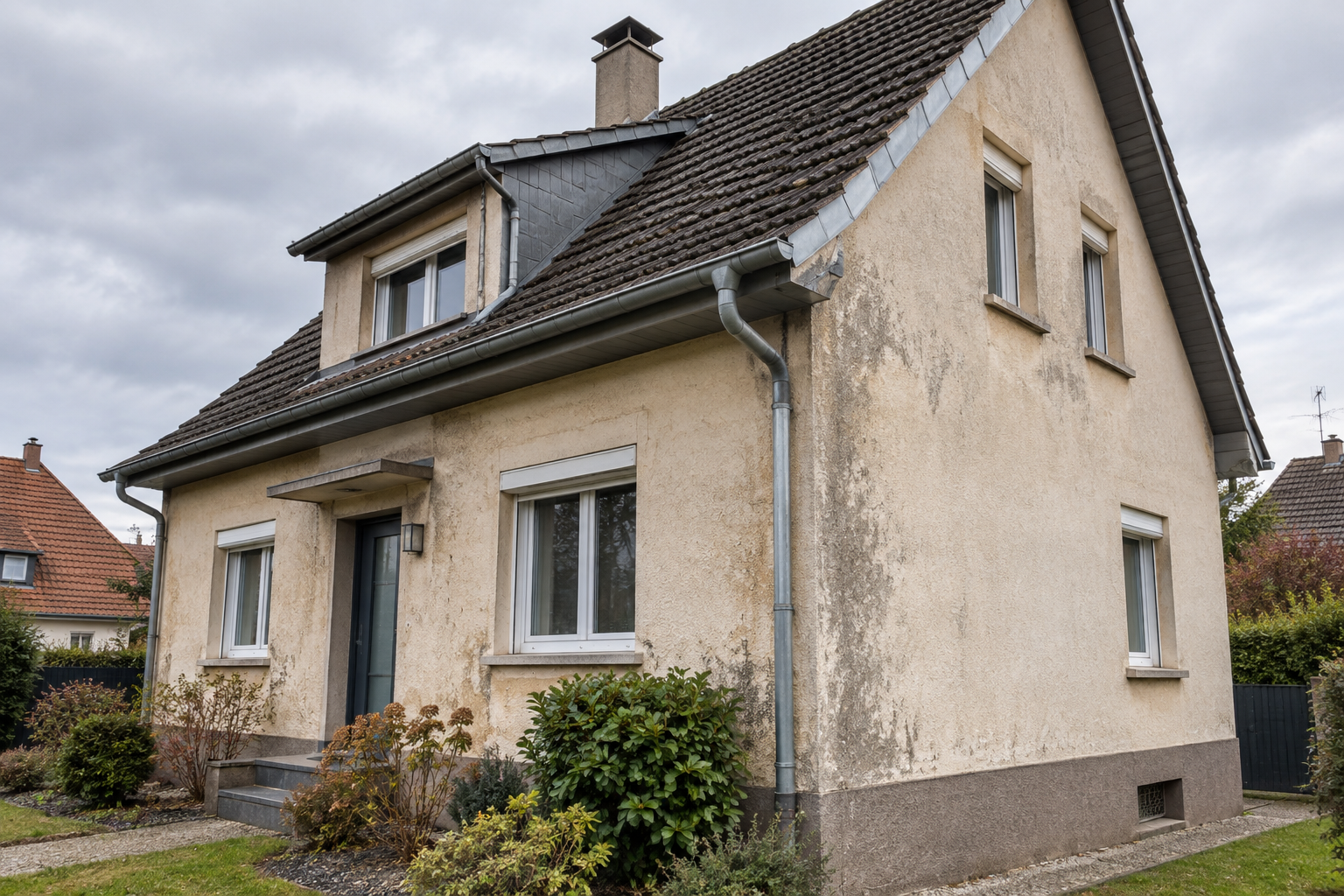 Maison alsacienne à Illzach avec zinguerie rénovée et façade fraîchement préparée